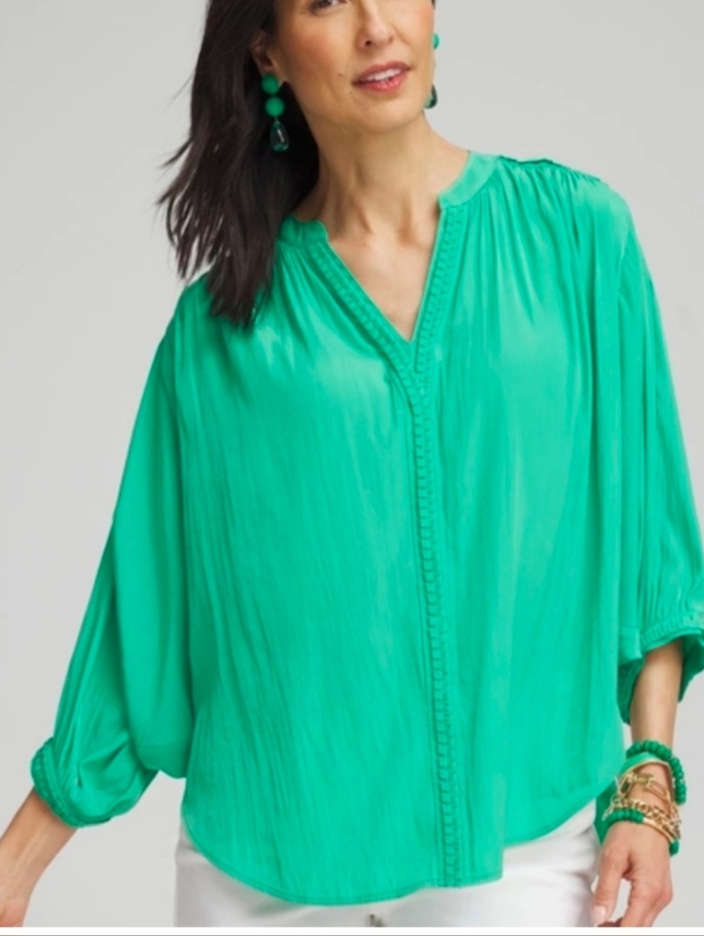 NWT Chico's Green Blouse with Mandarin Collar and 3/4 Flutter Sleeves Size 1